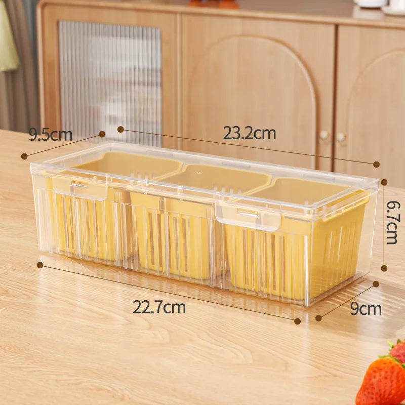 3 Compartment Food Storage Container With Lid Transparent Square Blue Drain Box For Fridge Salad Fruit Veg Condiments Reusable