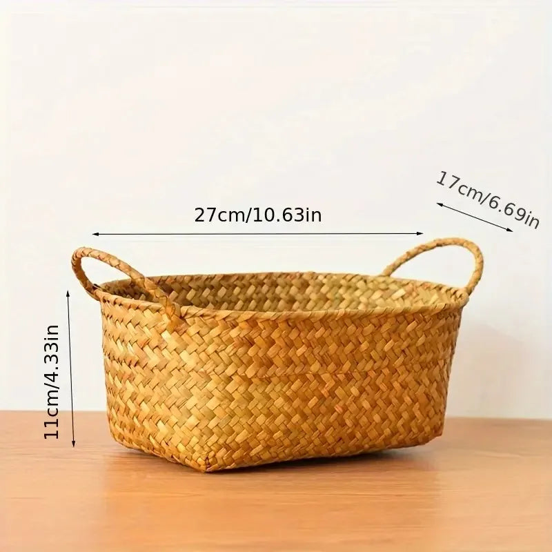 Woven Storage Basket for Fruits And Snacks, Double-Handled Rattan Basket for Organizing Miscellaneous Items, Shelf Baskets