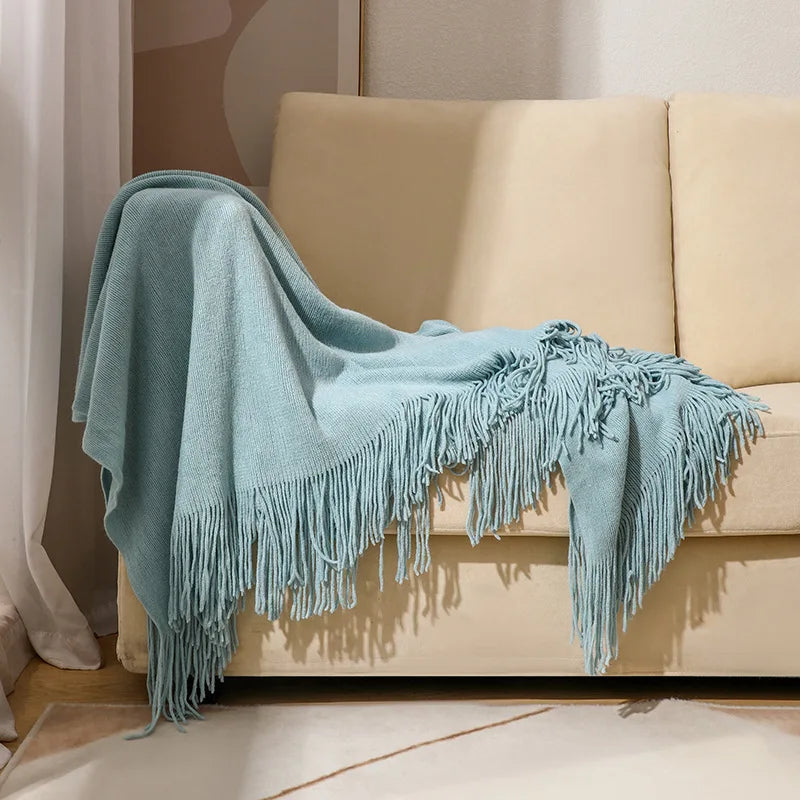 Nordic Knitted Tassels Fringe Blankets Lightweight Throw Solid Blanket Cozy Farmhouse Gift All Season Comfort For Home Travel