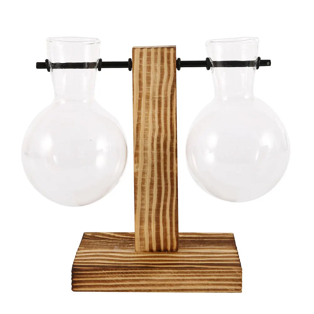 Creative Glass Desktop Planter Bulb Vase Wooden Stand Hydroponic Plant Container Decor Home Tabletop Decor Vases