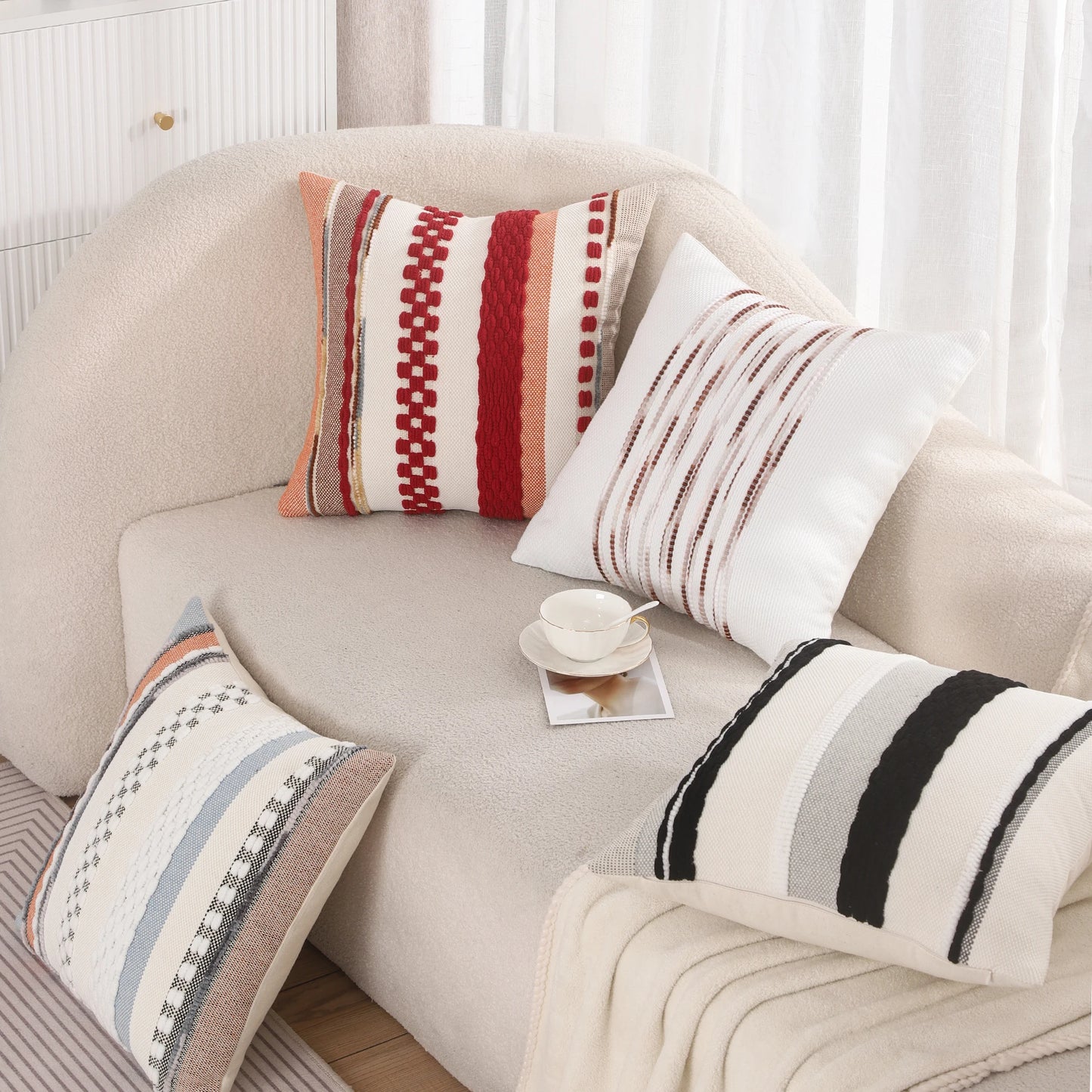1 Pc Boho Throw Pillow Covers 18x18 Inch Striped Cousion Cover Decorative Chenille Pillowcases Square Cushion Covers