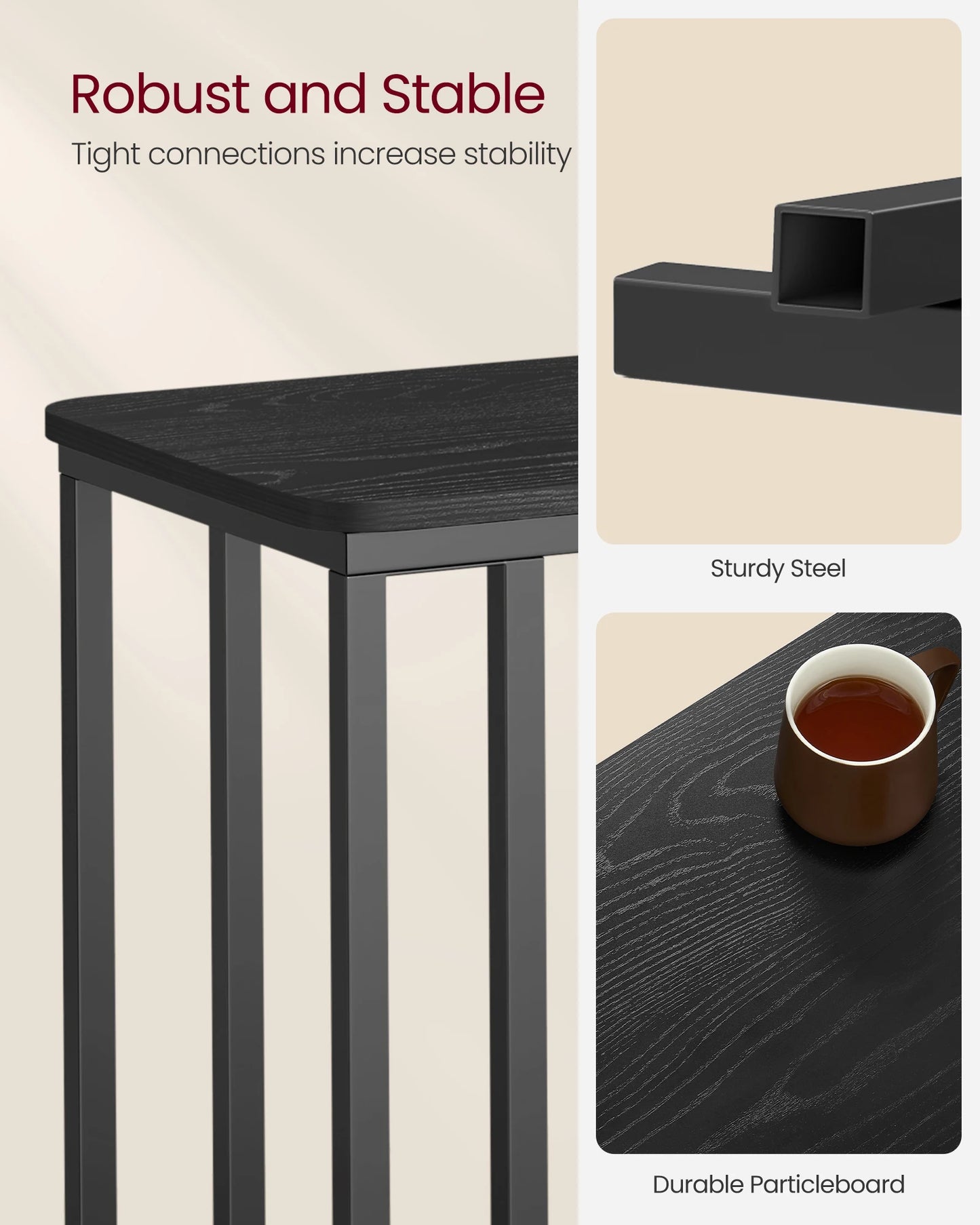 VASAGLE End Table, C Shaped TV Tray with Metal Frame Rolling Casters for Coffee Laptop Mobile Tablet, Industrial Side Table