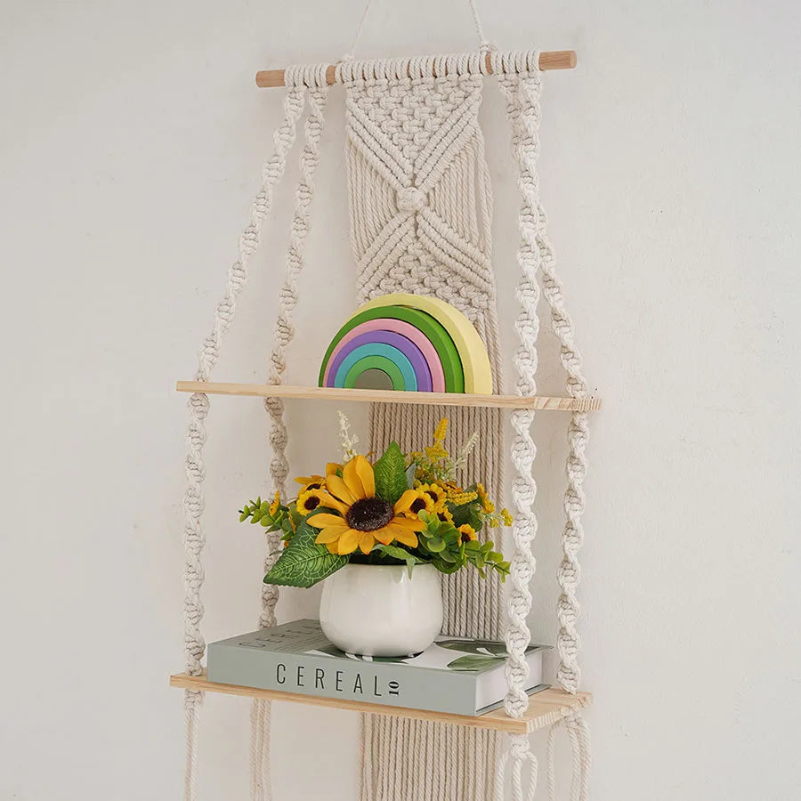 2 Tier Macrame Wall Hanging Floating Shelf Natural Cotton Rope Boho Home Decor Wooden Wall Shelf Candle Holder Floating Shelves