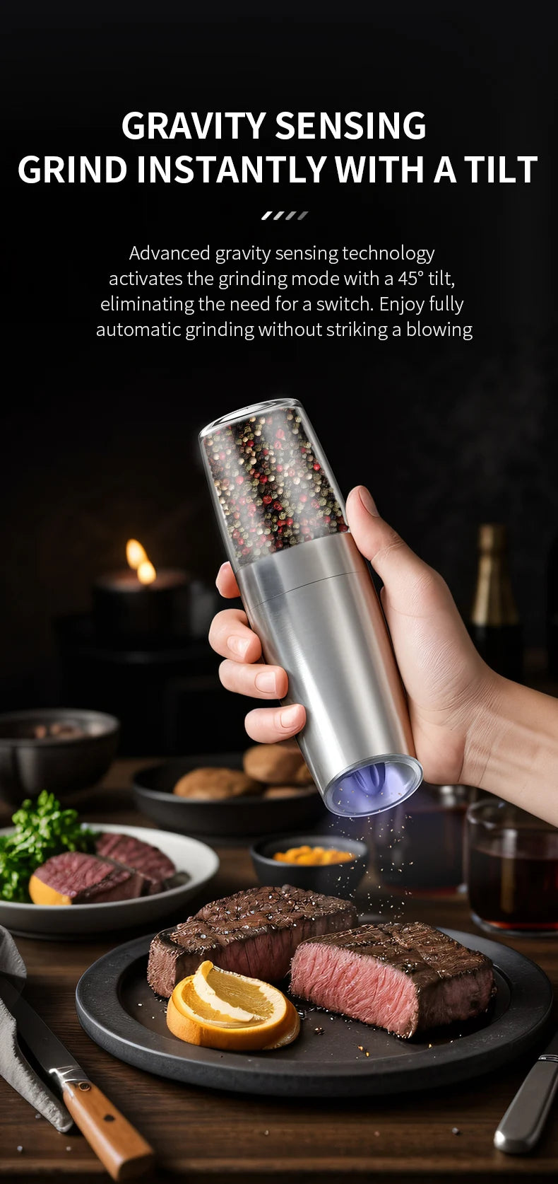 Electric Automatic Salt and Pepper Grinder Set with Led Light Grinder Set Spice Mill Adjustable Spices Grinder Kitchen Tools