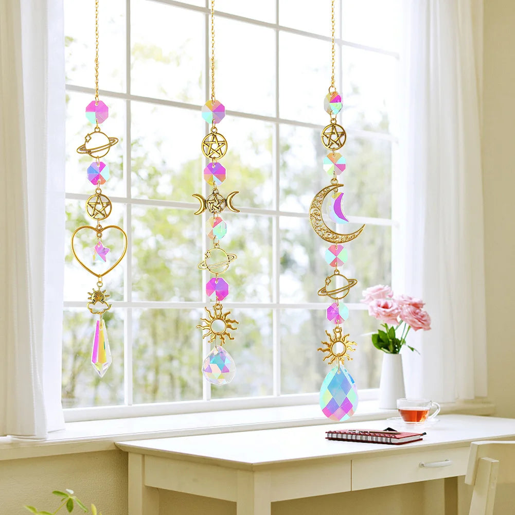 Suncatcher Crystal Wind Chime Star Moon Diamond Hanging Prisms Light Catcher Rainbow Chaser Jewelry Pendant Home Garden Decor