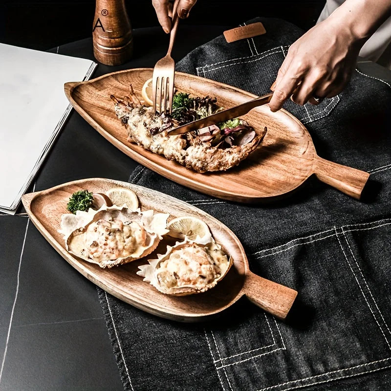 Japanese Style High Aesthetic Wooden Leaf Shaped Afternoon Tea Snack Tray, Western Food Sushi Tray Dessert Fruits Dining Plate
