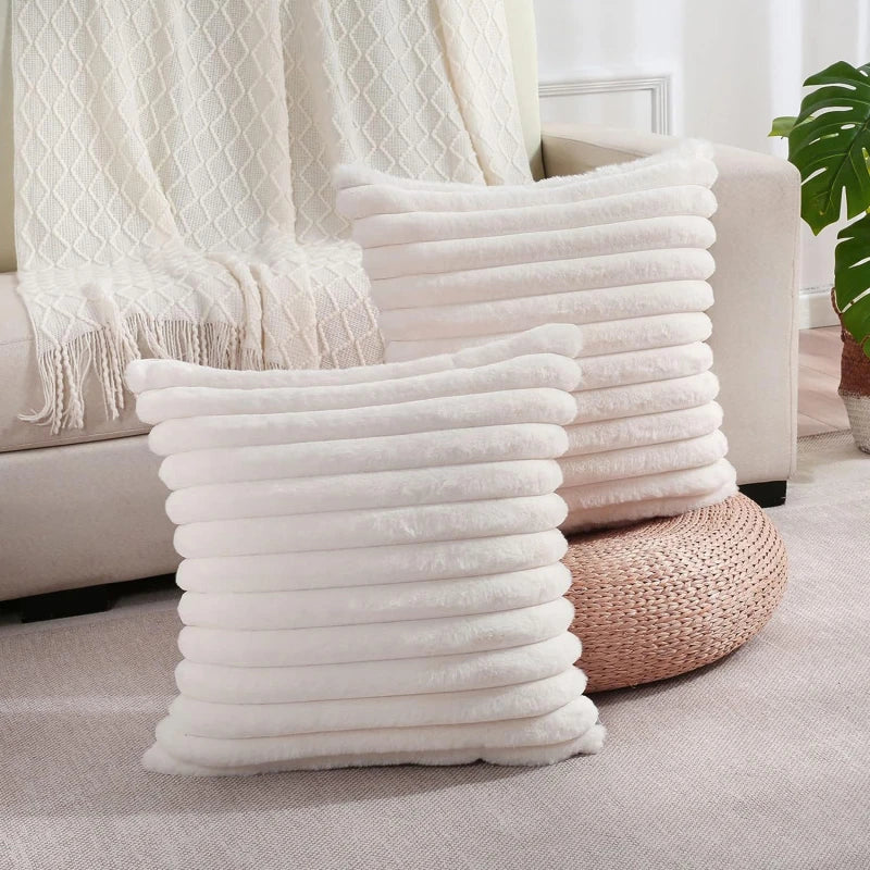 Pillow Cover Faux Rabbit Fur Square Cushion Big Thick Striped Super Soft Solid Color 45x45cm Sofa Decor Cushion Cover