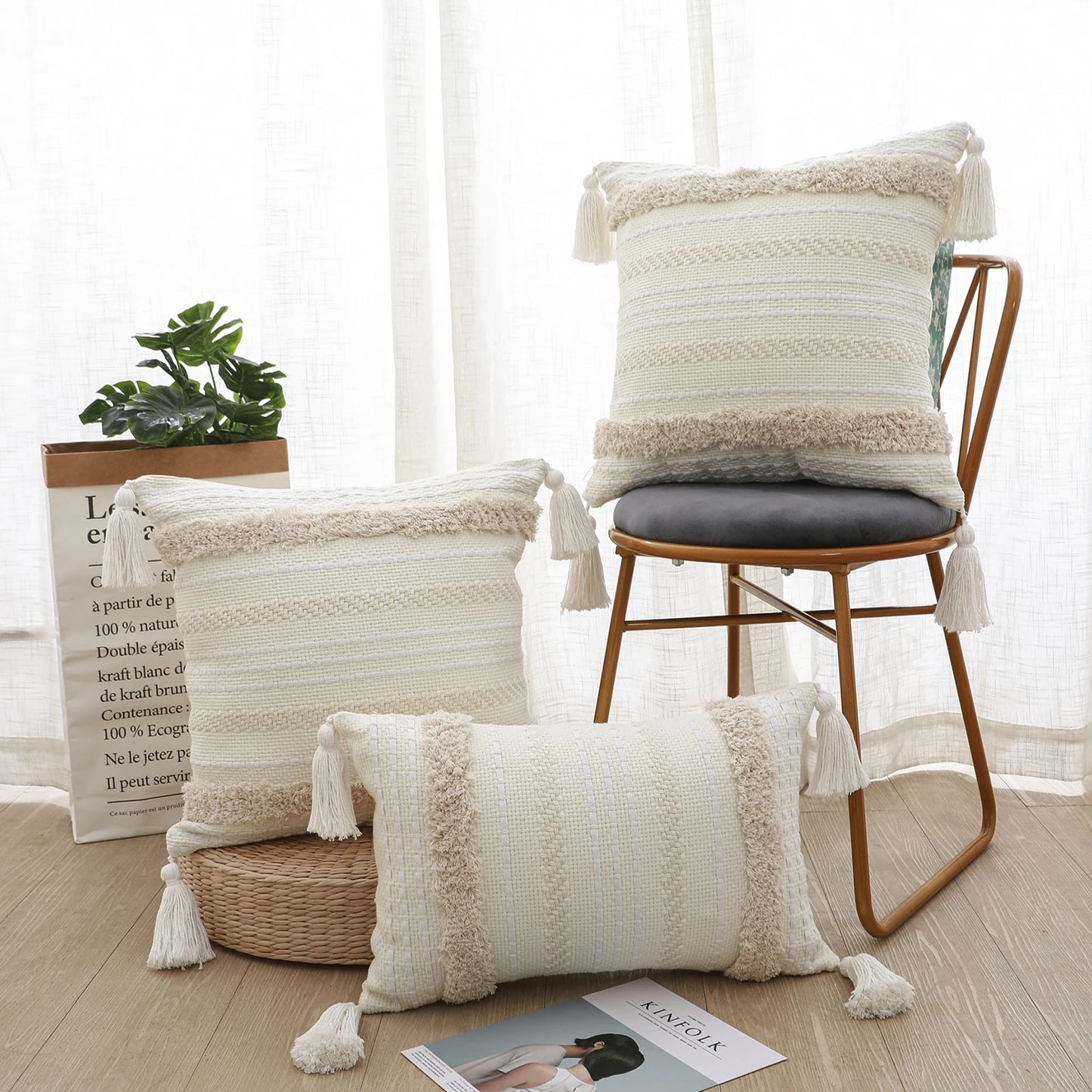 Battilo Boho Throw Pillow Cover Tufted Pillow Case with Tassels Neutral Woven Cushion Cover for Sofa Bed Living Room Home Decor