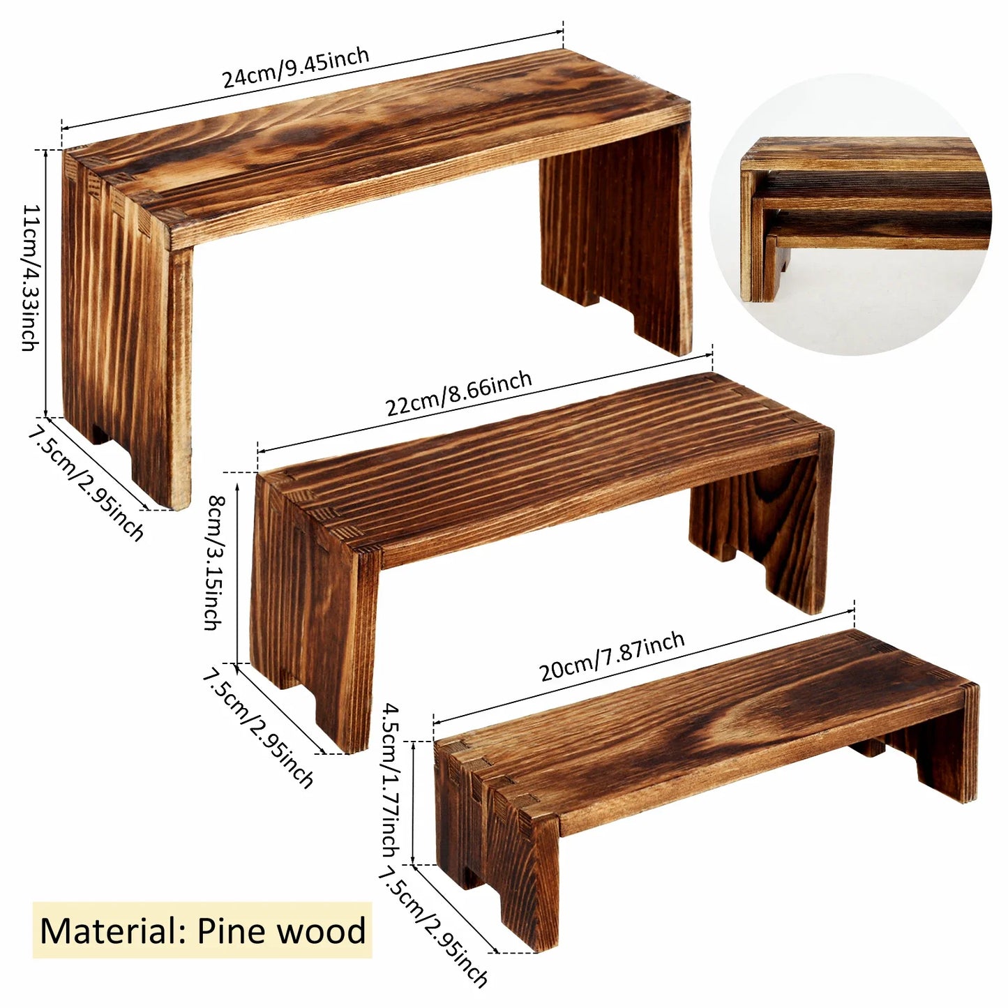 3Pcs Wood Display Stand Rectangle Wooden Riser Display Shelf Organizer Dessert Figurines Perfume Jewelry Ladder Organizer Shelf