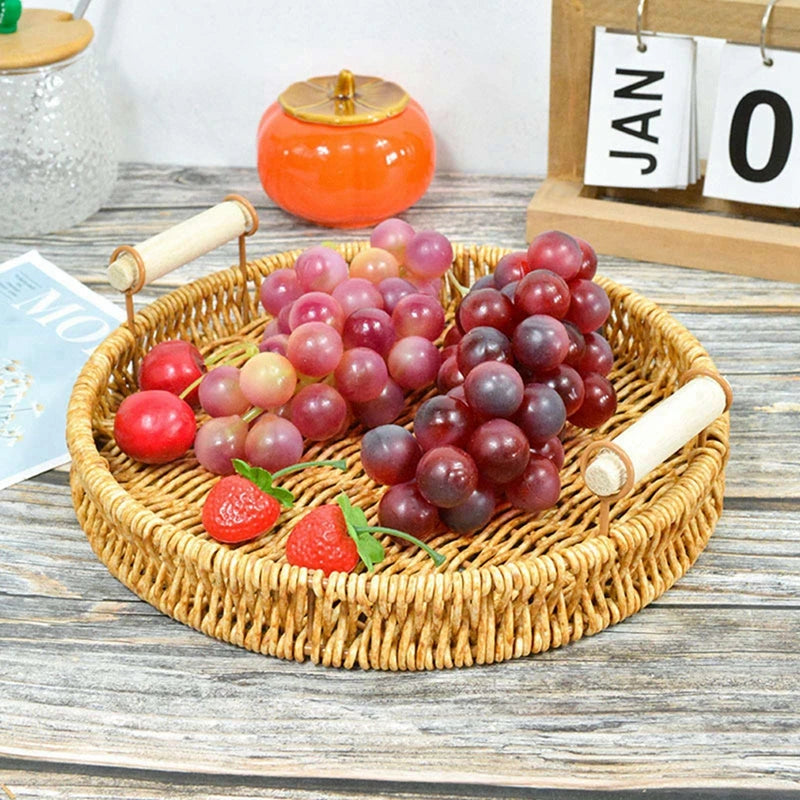 Multi-size Handwoven Rattan Storage Tray Round Wicker Basket Serving Tray With Wooden Handle Bread Food Plate Fruit Cake Platter