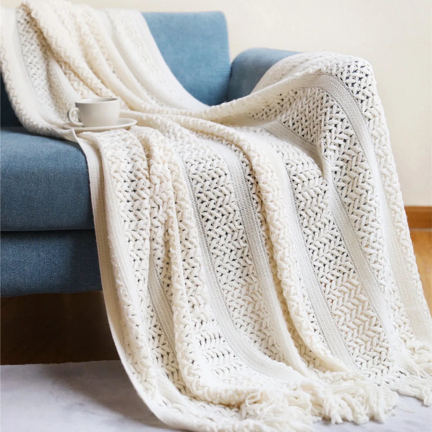 Cream White Textured Knitted Throw Blankets With Tassels Vintage Lightweight Farmhouse Gift Blankets 50x60inch Gift Blankets