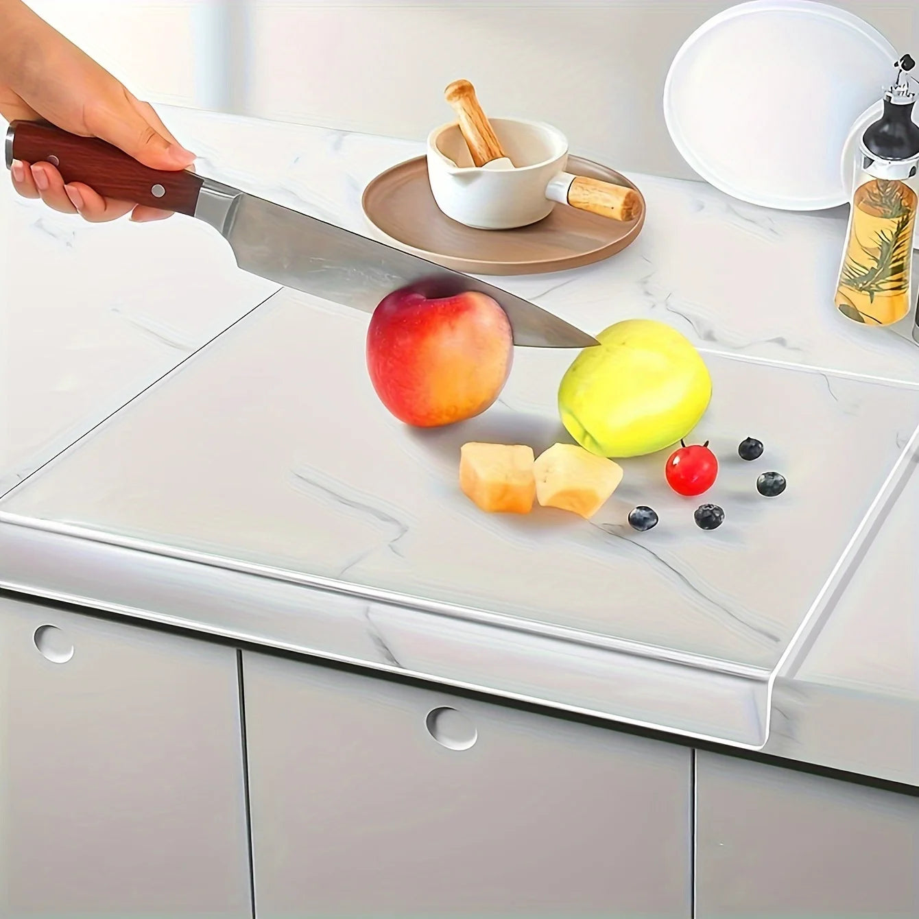 Cutting board, kitchen cutting board, countertop protector with kitchen counter lip