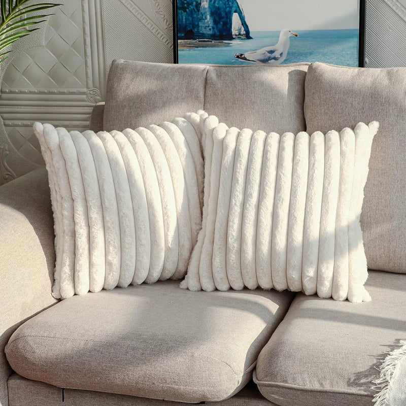 Pillow Cover Faux Rabbit Fur Square Cushion Big Thick Striped Super Soft Solid Color 45x45cm Sofa Decor Cushion Cover