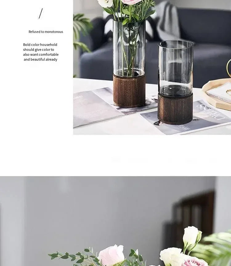 Vases Simple European hydroponic plant household living room table inserted flower wood base transparent glass vase Home Decor