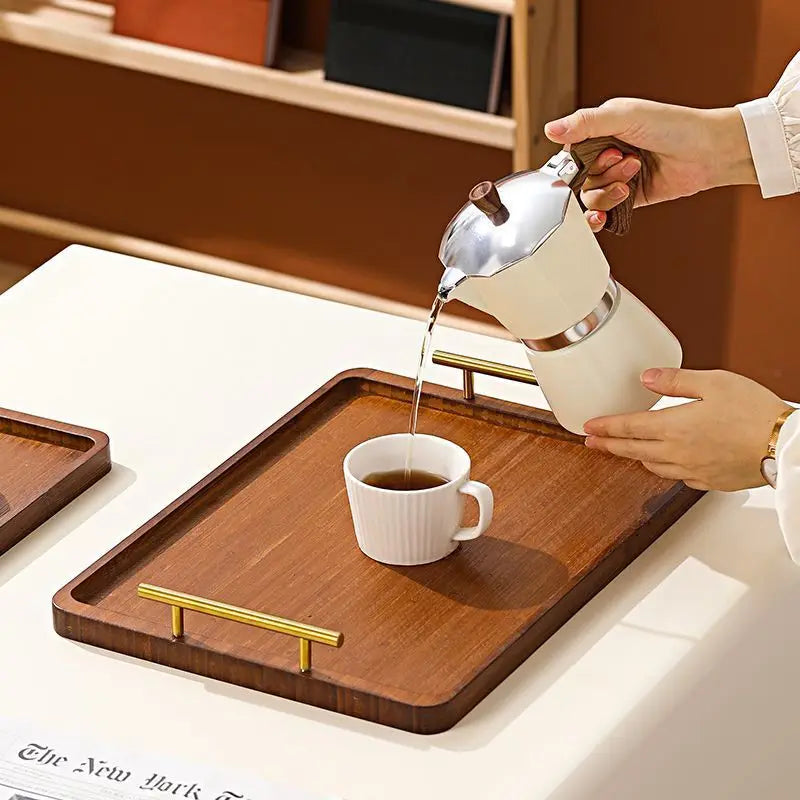 Wooden Rectangular Wooden Tray with Golden Metal Handle for Water Cup Fruit Food Bread Sundries Serving Tray Household Organizer