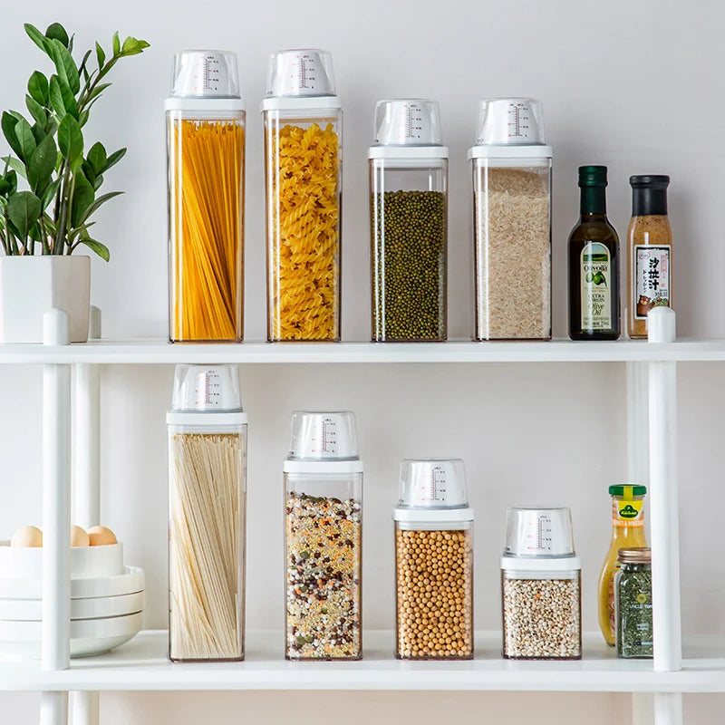 Airtight Food Storage Containers Plastic Organizer Box Cereal Dispenser Grain Storage Tank with Measuring Cup Kitchen Organizer
