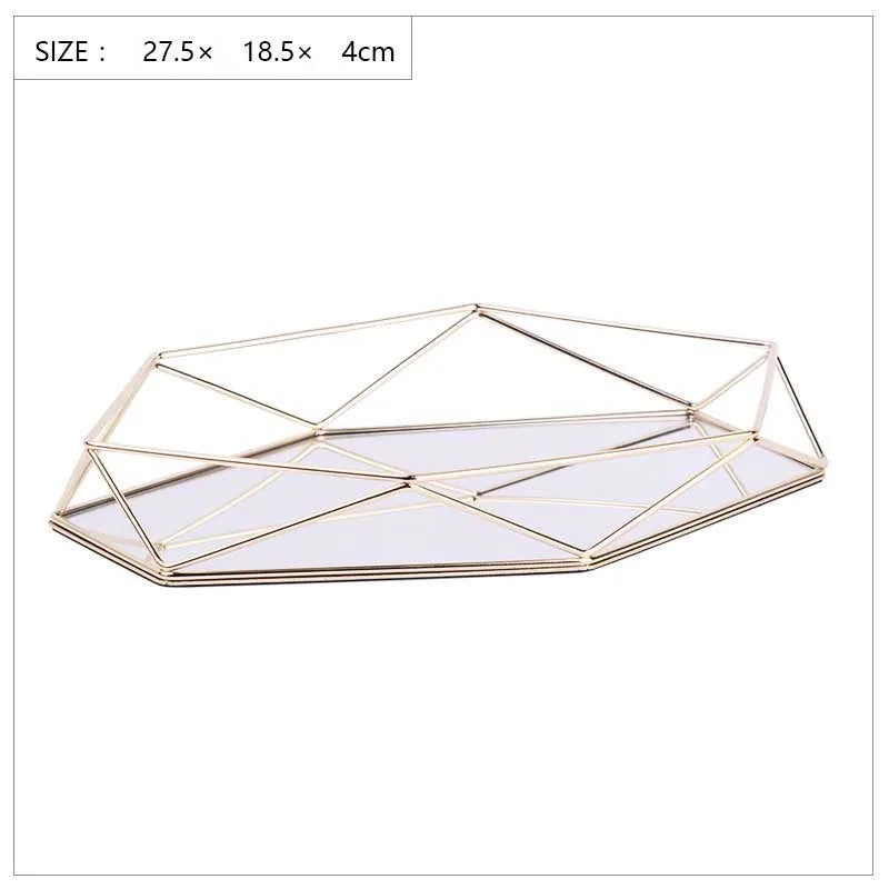 European Metal Glass Jewelry Gold Display Plate Geometric Tray Mirror Rose Shelf Storage Ring Dish Home Decoration