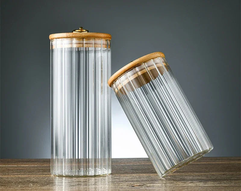 Glass Food Jar with Sealed Bamboo Lid Kitchen Pantry Grains Cookie Coffee Tea Candy Snack Storage Bottle Jars Kitchen Canister