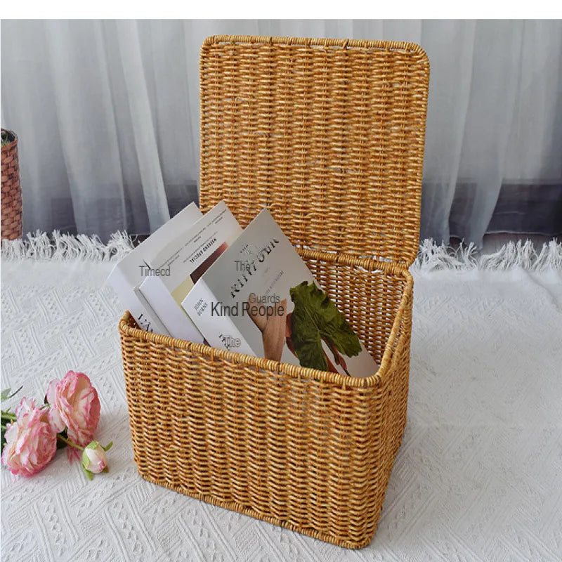 Closet Storage Basket Rattan Woven Organizer Box for Clothes Storage Bin with Lid Home Wardrobe Bedroom Shelf Use