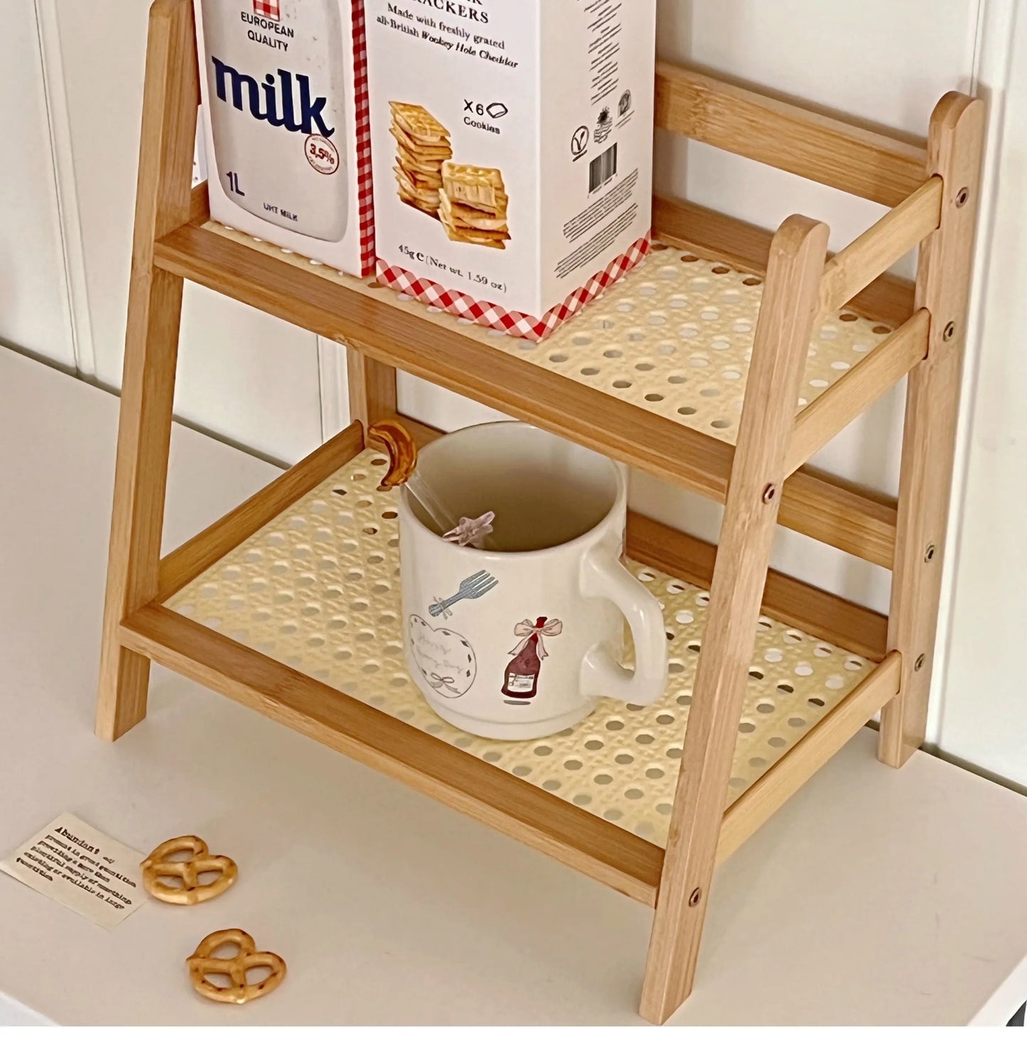 Wooden Storage Shelf 2-Tier Rattan Desktop Stand Organizer Trapezoidal Desk Display Rack Desktop Stationary Office Storage Rack
