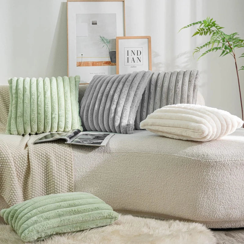 Pillow Cover Faux Rabbit Fur Square Cushion Big Thick Striped Super Soft Solid Color 45x45cm Sofa Decor Cushion Cover