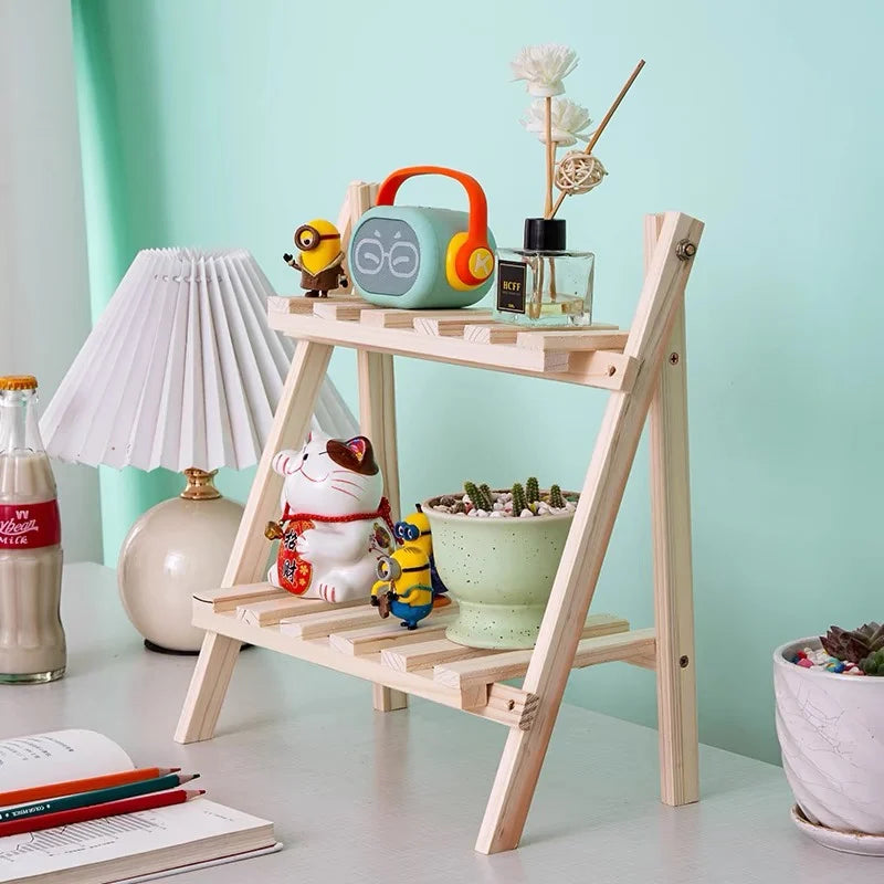 Desktop Storage Wooden Rack Double-Layer Simple Folding Corner Shelf Multifunctional Heavy-Duty Organizer Decoration Bedroom
