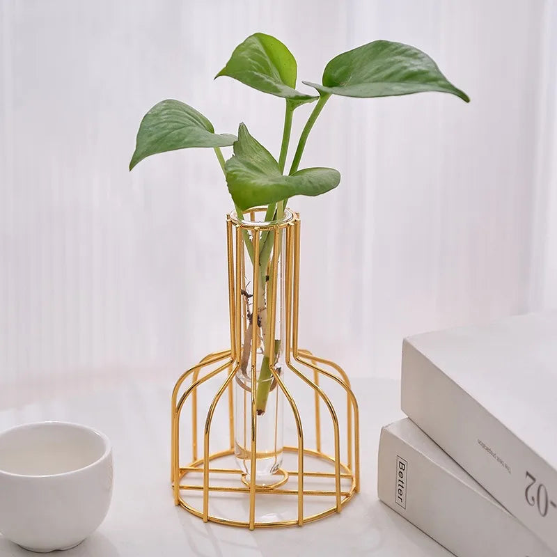 1 set of gold wrought iron metal vase hydroponic container test tube vase living room illustration decoration