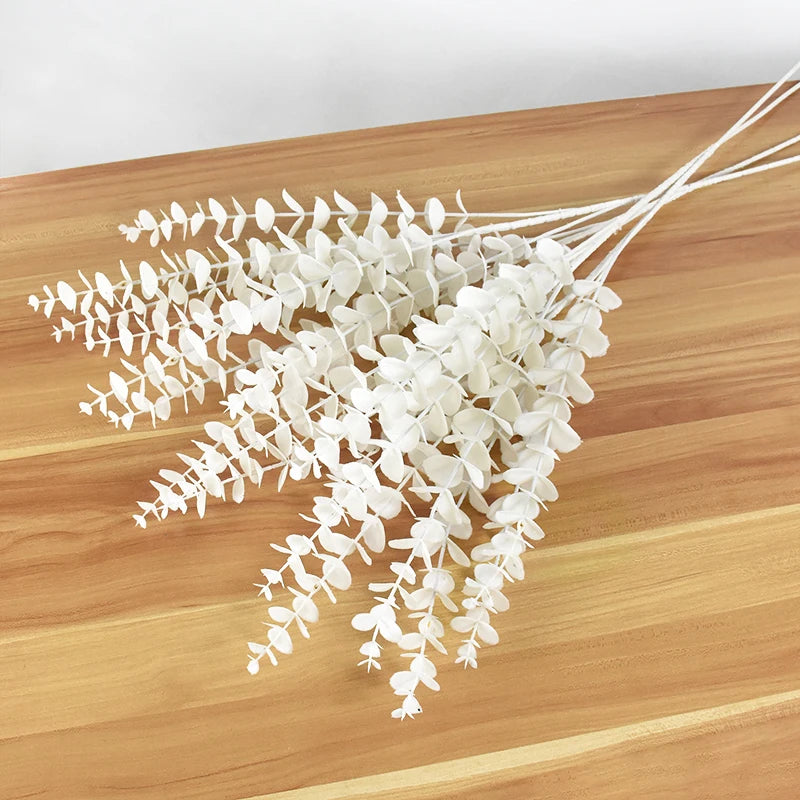16Heads 50cm Artificial Flower White Fake Eucalyptus Leaves Faux Eucalyptus Branch with Stems for Home/Wedding Party Decor