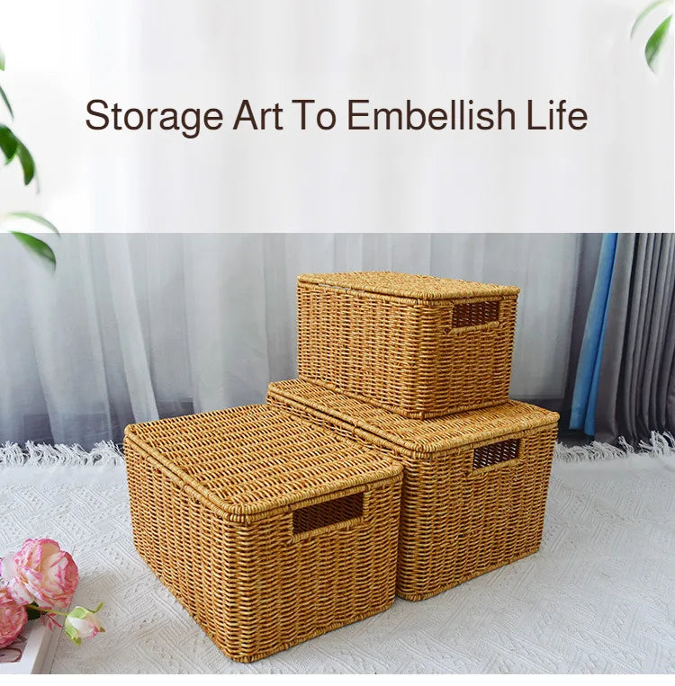 Closet Storage Basket Rattan Woven Organizer Box for Clothes Storage Bin with Lid Home Wardrobe Bedroom Shelf Use