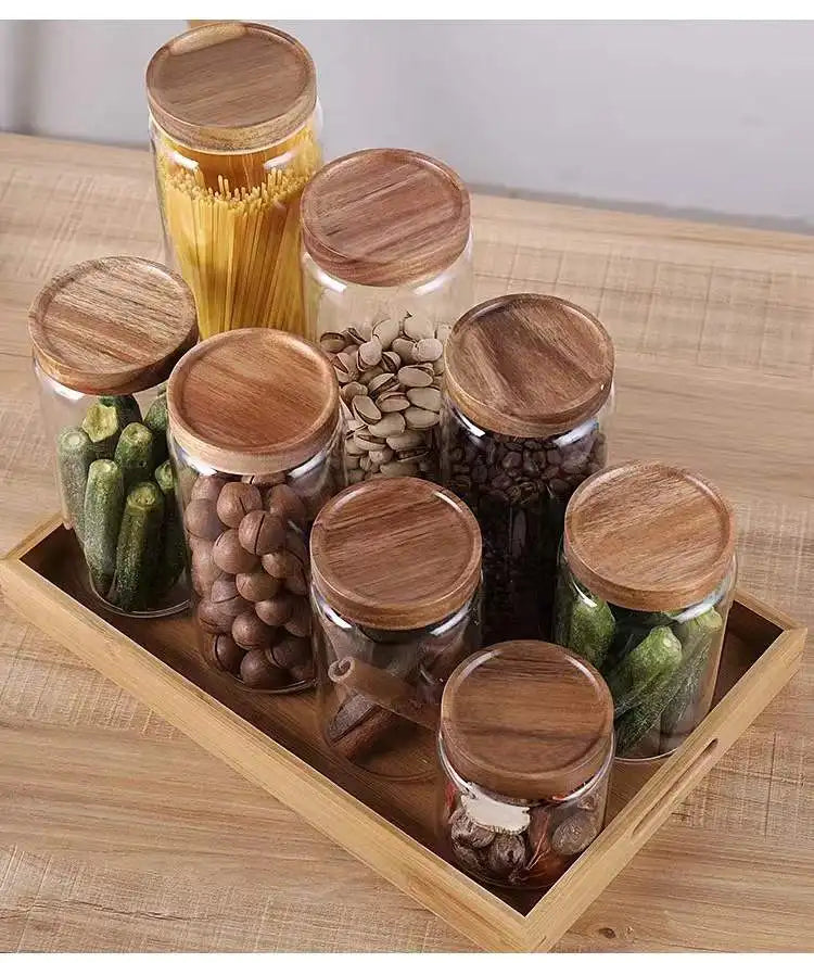 1 PC Small Glass Storage Jars with Airtight Lids, coffee container with Wooden Lid, Glass Pantry Canister for Beans, Rice,Sugar