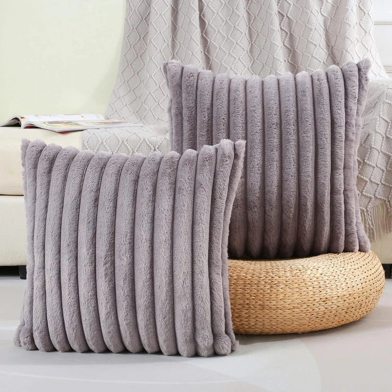 Pillow Cover Faux Rabbit Fur Square Cushion Big Thick Striped Super Soft Solid Color 45x45cm Sofa Decor Cushion Cover