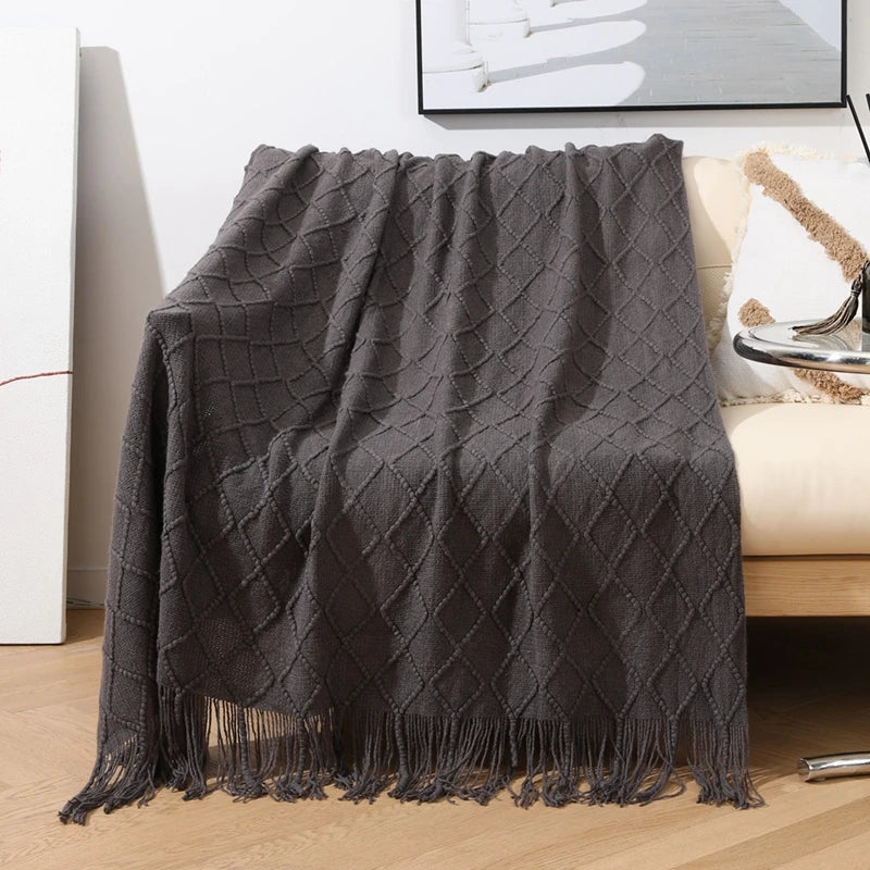 Cream White Textured Knitted Throw Blankets With Tassels Vintage Lightweight Farmhouse Gift Blankets 50x60inch Gift Blankets