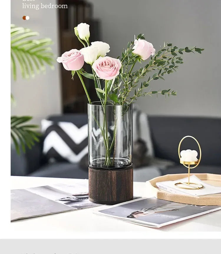 Vases Simple European hydroponic plant household living room table inserted flower wood base transparent glass vase Home Decor