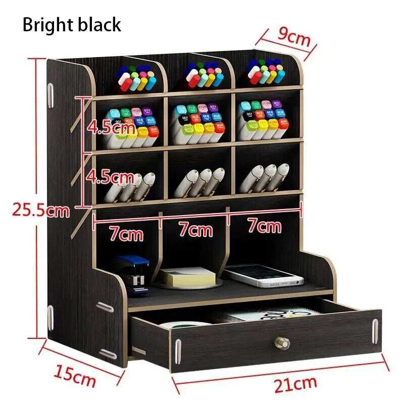 1pc Wooden Desk Organizer Student Stationery Storage Box For Cosmetics School Office And Home Large-Capacity Storage Pen Holder
