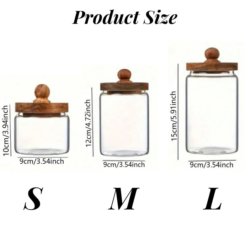 Glass Food Storage Jar with Wood Lid Airtight Sealed Clear Container for Coffee Beans Nuts Spice Candy Moisture-proof Storage