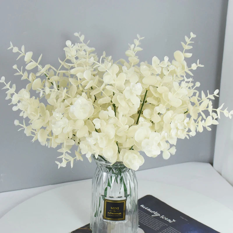 16Heads 50cm Artificial Flower White Fake Eucalyptus Leaves Faux Eucalyptus Branch with Stems for Home/Wedding Party Decor