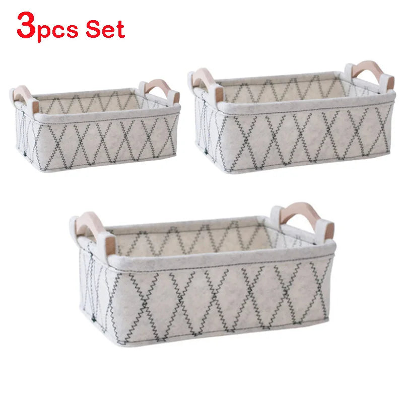 Felt Storage Basket Desk Organizer Toy Basket Storage Bins Makeup Organizer Basket Desktop Wooden Handle Storage Organizer Box