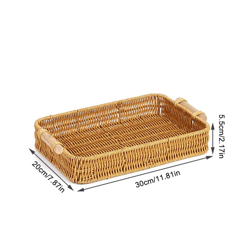 Multi-size Handwoven Rattan Storage Tray Round Wicker Basket Serving Tray With Wooden Handle Bread Food Plate Fruit Cake Platter