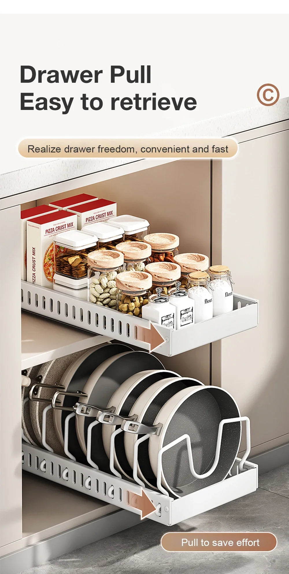 Kitchen Pots and Pans Organizer Under Cabinet Sliding Drawer Pot Lid Organizer Pull Out Cabinet Storage Tray with 8 Dividers