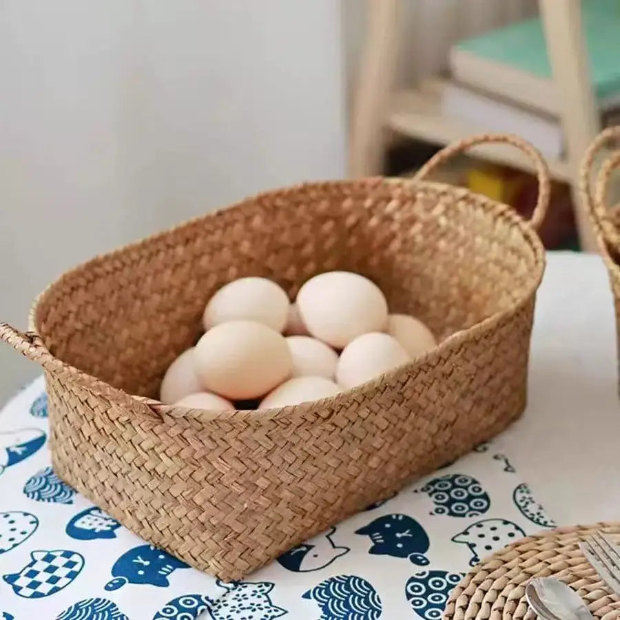 Woven Storage Basket for Fruits And Snacks, Double-Handled Rattan Basket for Organizing Miscellaneous Items, Shelf Baskets