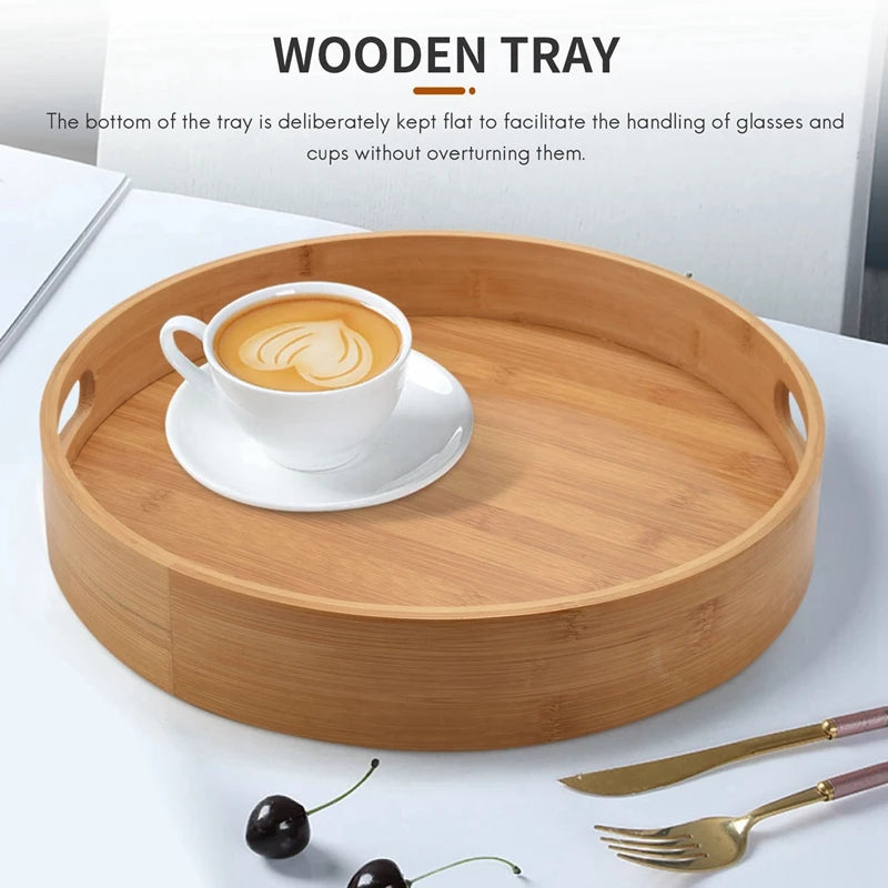 Promotion! Round Serving Bamboo Wooden Tray for Dinner Trays Tea Bar Breakfast Food Container Handle Storage Tray 3