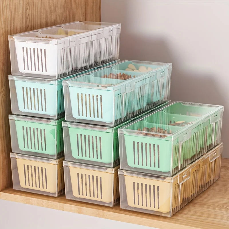 3 Compartment Food Storage Container With Lid Transparent Square Blue Drain Box For Fridge Salad Fruit Veg Condiments Reusable