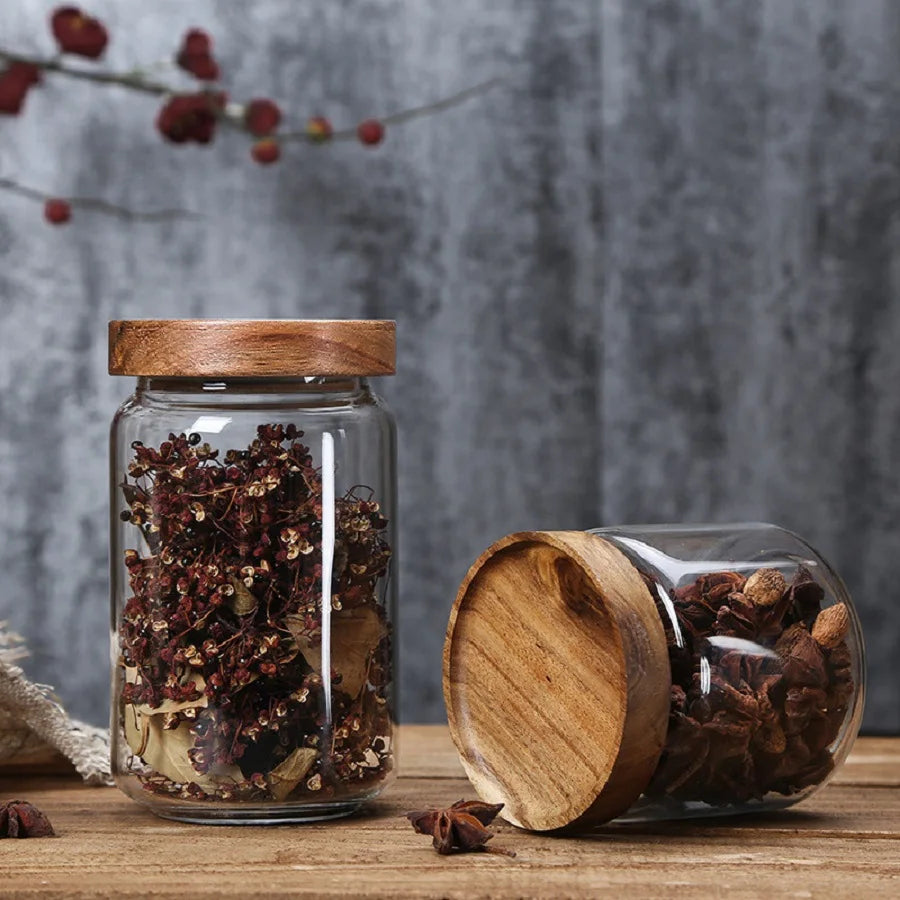 1 PC Small Glass Storage Jars with Airtight Lids, coffee container with Wooden Lid, Glass Pantry Canister for Beans, Rice,Sugar