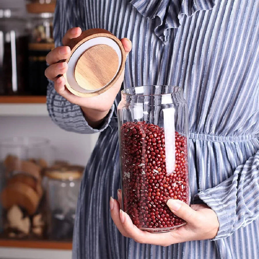 1 PC Small Glass Storage Jars with Airtight Lids, coffee container with Wooden Lid, Glass Pantry Canister for Beans, Rice,Sugar