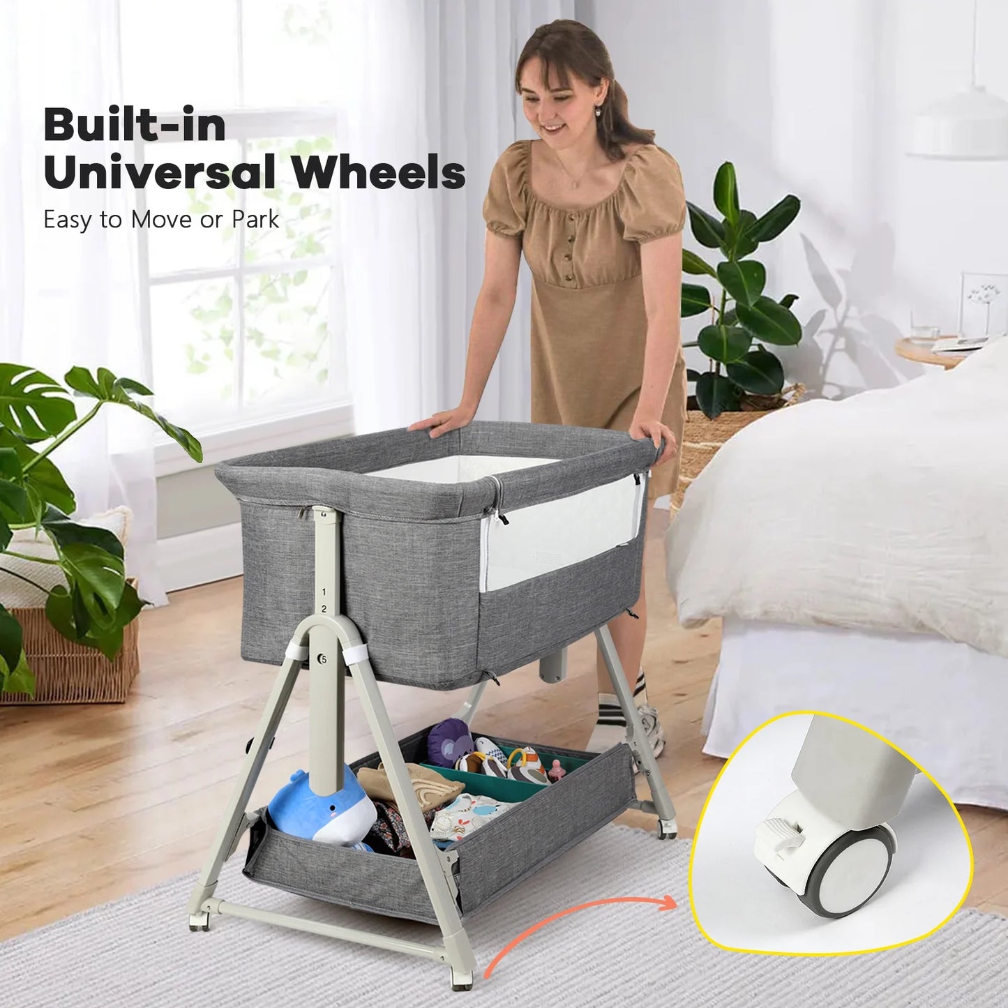Baby Bassinet Bedside Portable Bassinet W/ Wheels Storage Travel Bag, for 0-6 Months, Gray