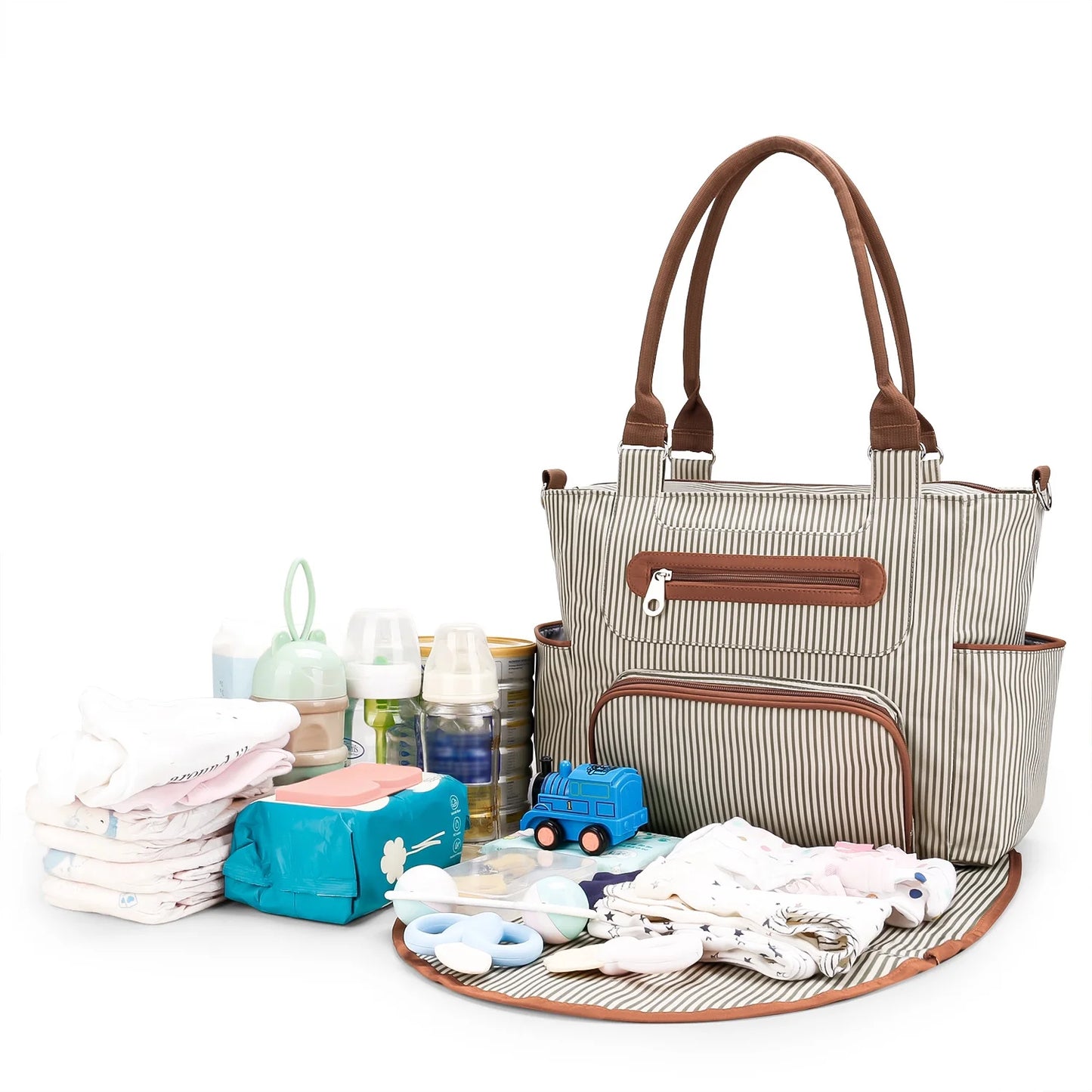 8Pcs Baby Nappy Diaper Bags with Bottle Bag Mesh Bag Purse Diaper Pad 2 Burp Cloths 2 Hook Straps Unisex Travel Diaper Bag for Mom Dad, Khaki