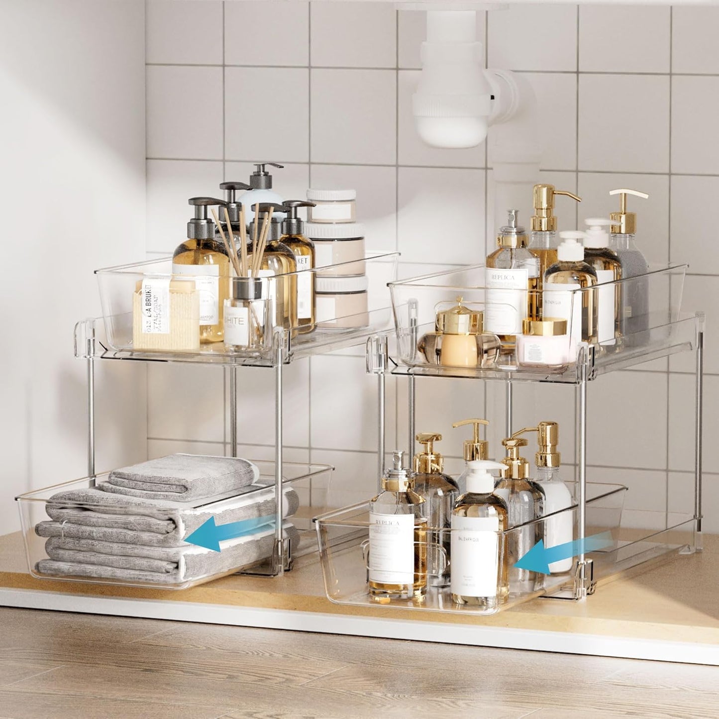 4 Pack Bathroom Organizer, 2 Tier Clear under Sink Organizers Vanity Countertop Storage Container,Cabinet Drawers Bins, Pull-Out Organization with Track for Pantry, Kitchen