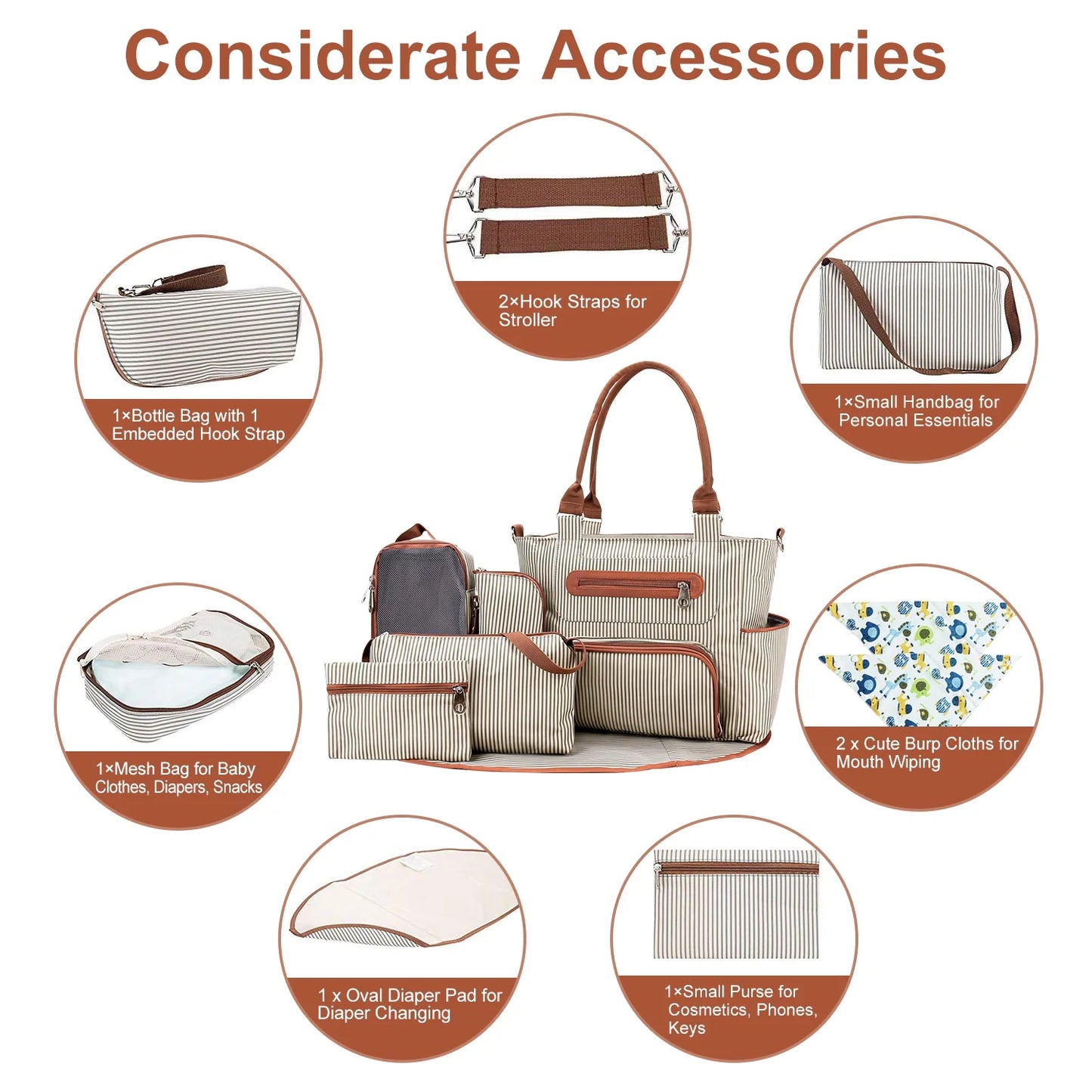 8Pcs Baby Nappy Diaper Bags with Bottle Bag Mesh Bag Purse Diaper Pad 2 Burp Cloths 2 Hook Straps Unisex Travel Diaper Bag for Mom Dad, Khaki
