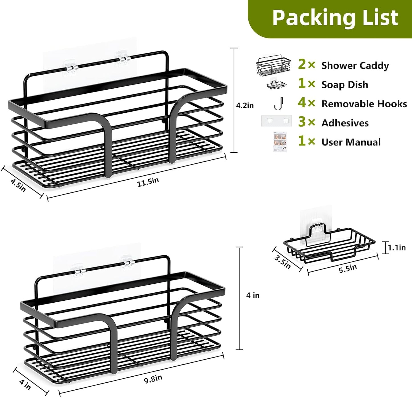Shower Caddy, Adhesive Shower Organizer with Soap Dish and 4 Hooks, Rustproof Stainless Steel Shower Shelves, Wall Mounted No Drilling Storage Shelf Basket Accessories for Bathroom & Kitchen