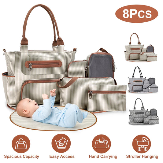 8Pcs Baby Nappy Diaper Bags with Bottle Bag Mesh Bag Purse Diaper Pad 2 Burp Cloths 2 Hook Straps Unisex Travel Diaper Bag for Mom Dad, Khaki